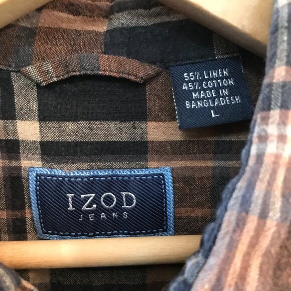 Izod Linen Blend Men's Shirt: Short-Sleeved Button-Down Brown Plaid, Size L - Picture 7 of 10